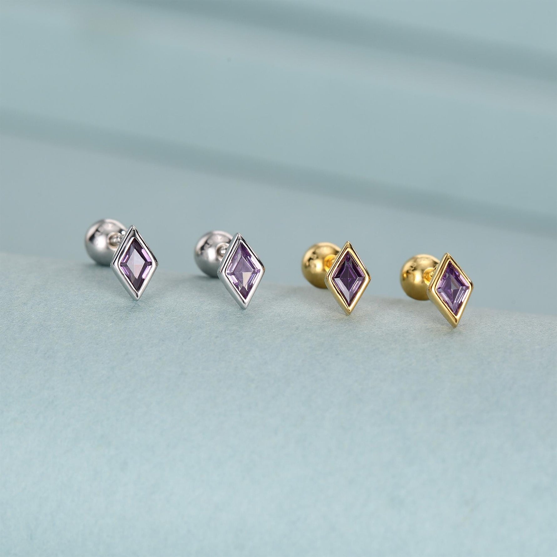 Sterling Silver Amethyst Purple CZ 18G Screw Back Rhombus Stud Earrings with Ball Backs