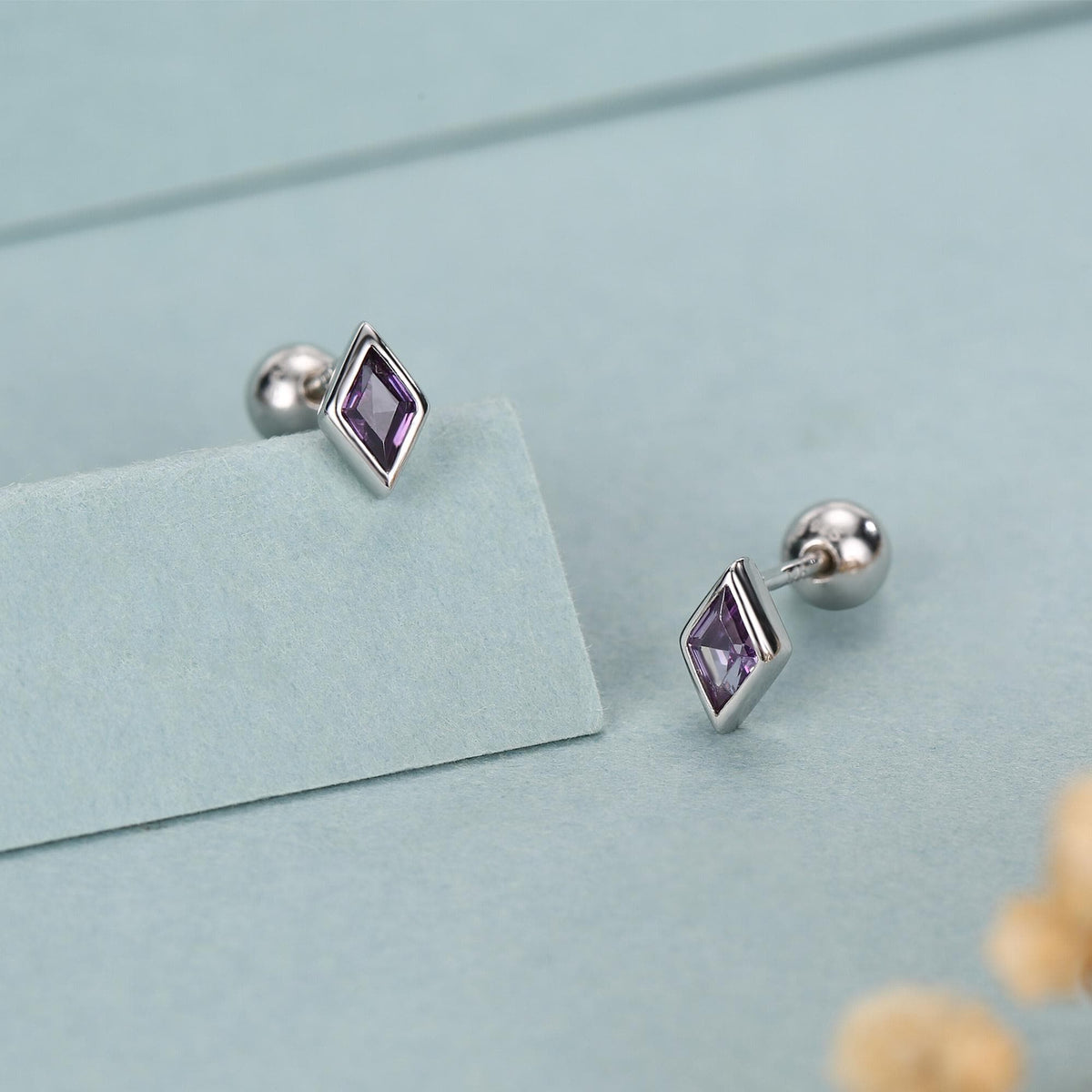 Sterling Silver Amethyst Purple CZ 18G Screw Back Rhombus Stud Earrings with Ball Backs