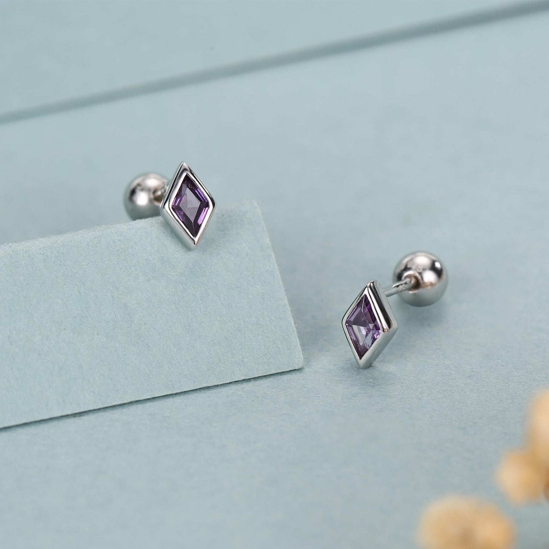 Sterling Silver Amethyst Purple CZ 18G Screw Back Rhombus Stud Earrings with Ball Backs