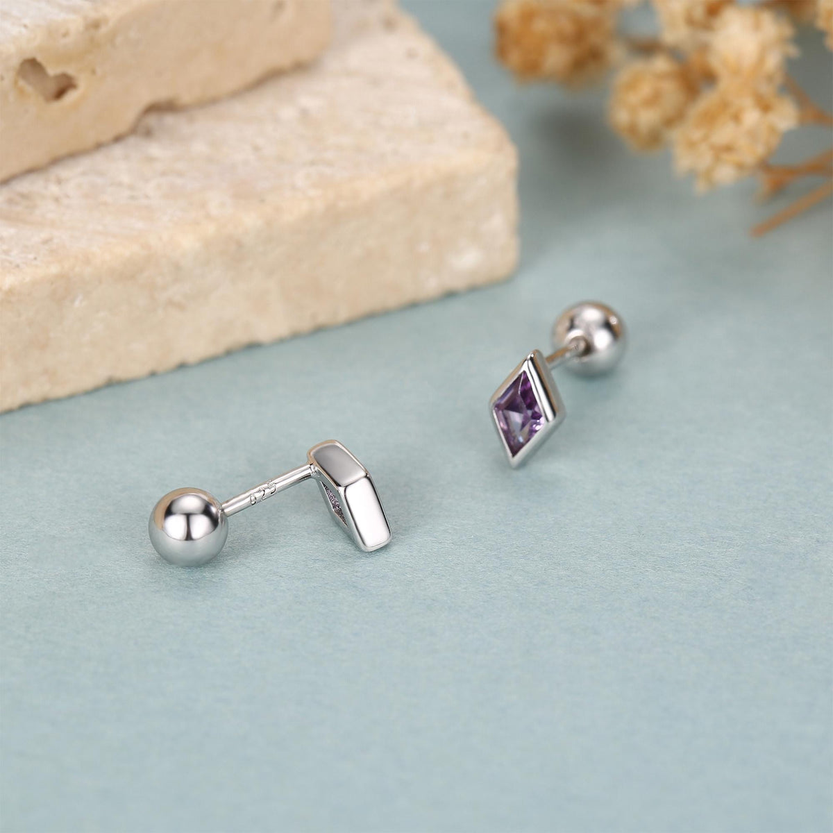 Sterling Silver Amethyst Purple CZ 18G Screw Back Rhombus Stud Earrings with Ball Backs
