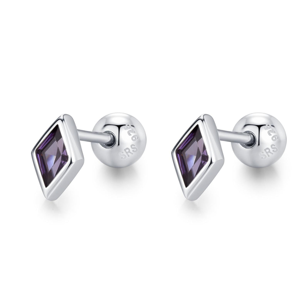 Sterling Silver Amethyst Purple CZ 18G Screw Back Rhombus Stud Earrings with Ball Backs
