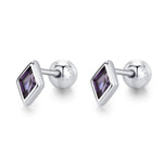 Sterling Silver Amethyst Purple CZ 18G Screw Back Rhombus Stud Earrings with Ball Backs