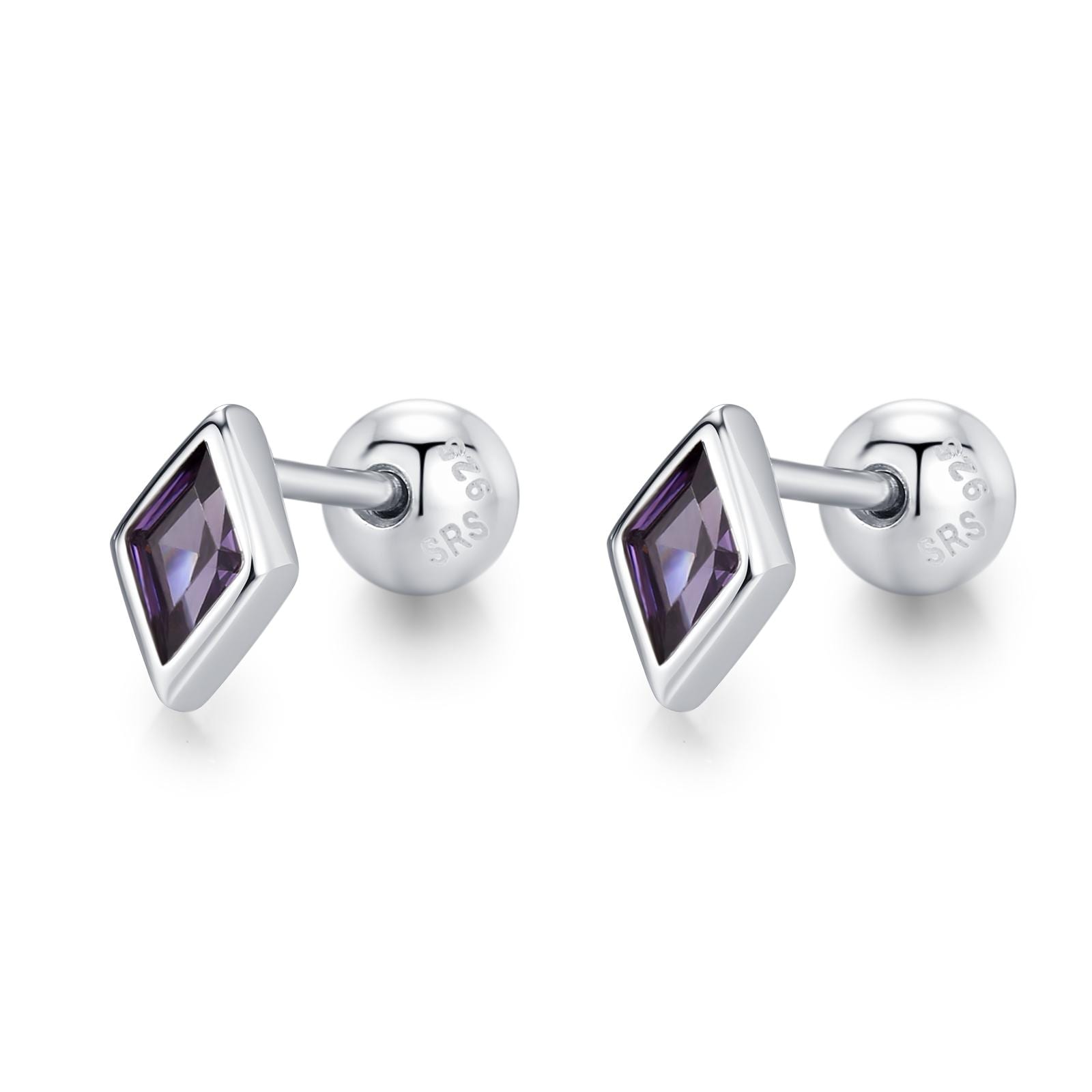 Sterling Silver Amethyst Purple CZ 18G Screw Back Rhombus Stud Earrings with Ball Backs