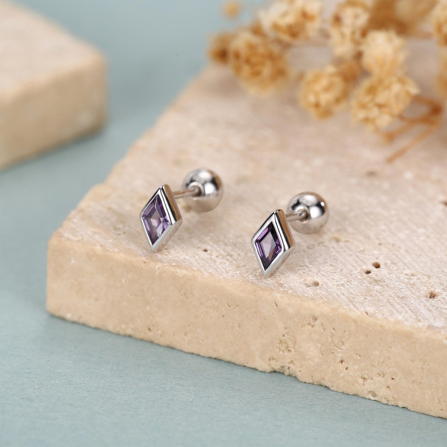 Sterling Silver Amethyst Purple CZ 18G Screw Back Rhombus Stud Earrings with Ball Backs