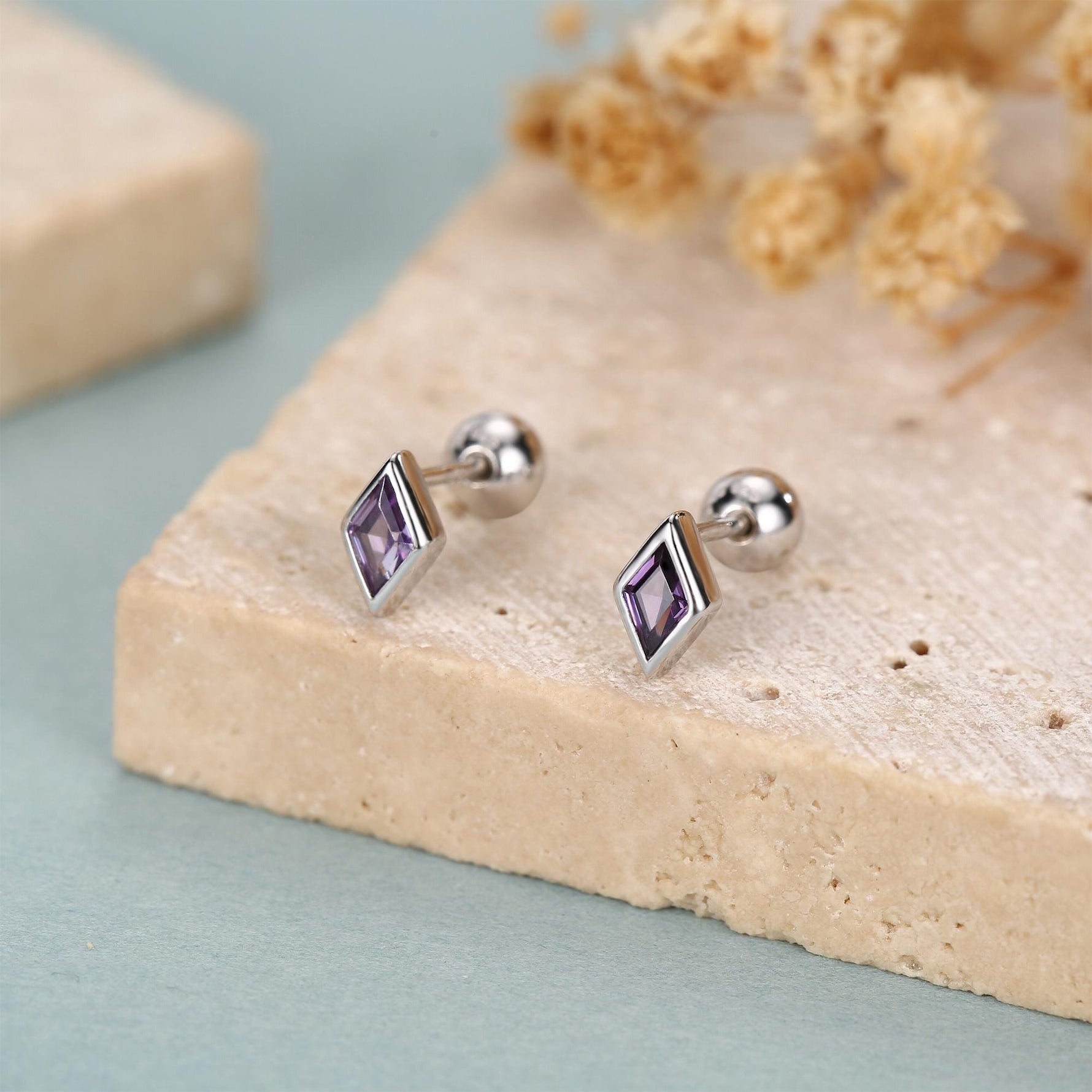 Sterling Silver Amethyst Purple CZ 18G Screw Back Rhombus Stud Earrings with Ball Backs