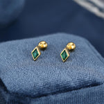 Sterling Silver Emerald Green CZ 18G Screw Back Rhombus Stud Earrings
