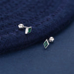 Sterling Silver Emerald Green CZ 18G Screw Back Rhombus Stud Earrings