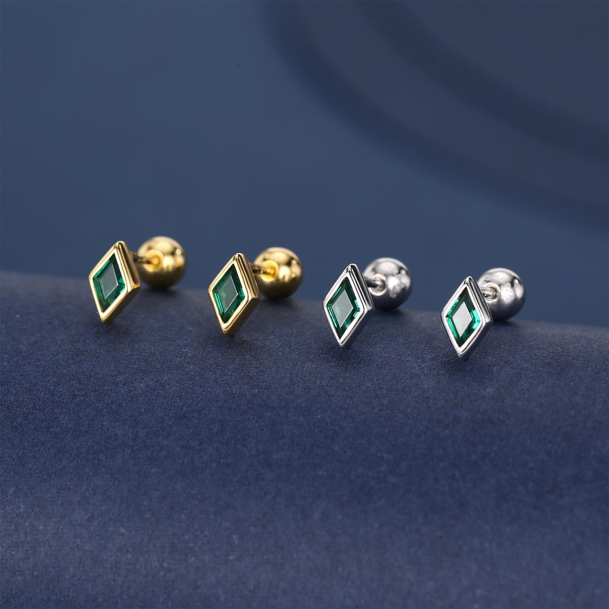 Sterling Silver Emerald Green CZ 18G Screw Back Rhombus Stud Earrings