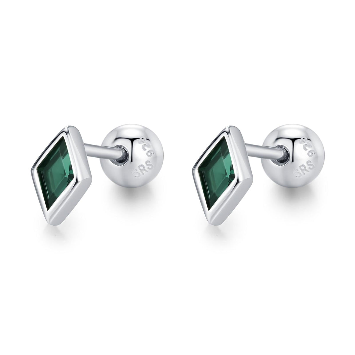 Sterling Silver Emerald Green CZ 18G Screw Back Rhombus Stud Earrings