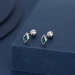 Sterling Silver Emerald Green CZ 18G Screw Back Rhombus Stud Earrings