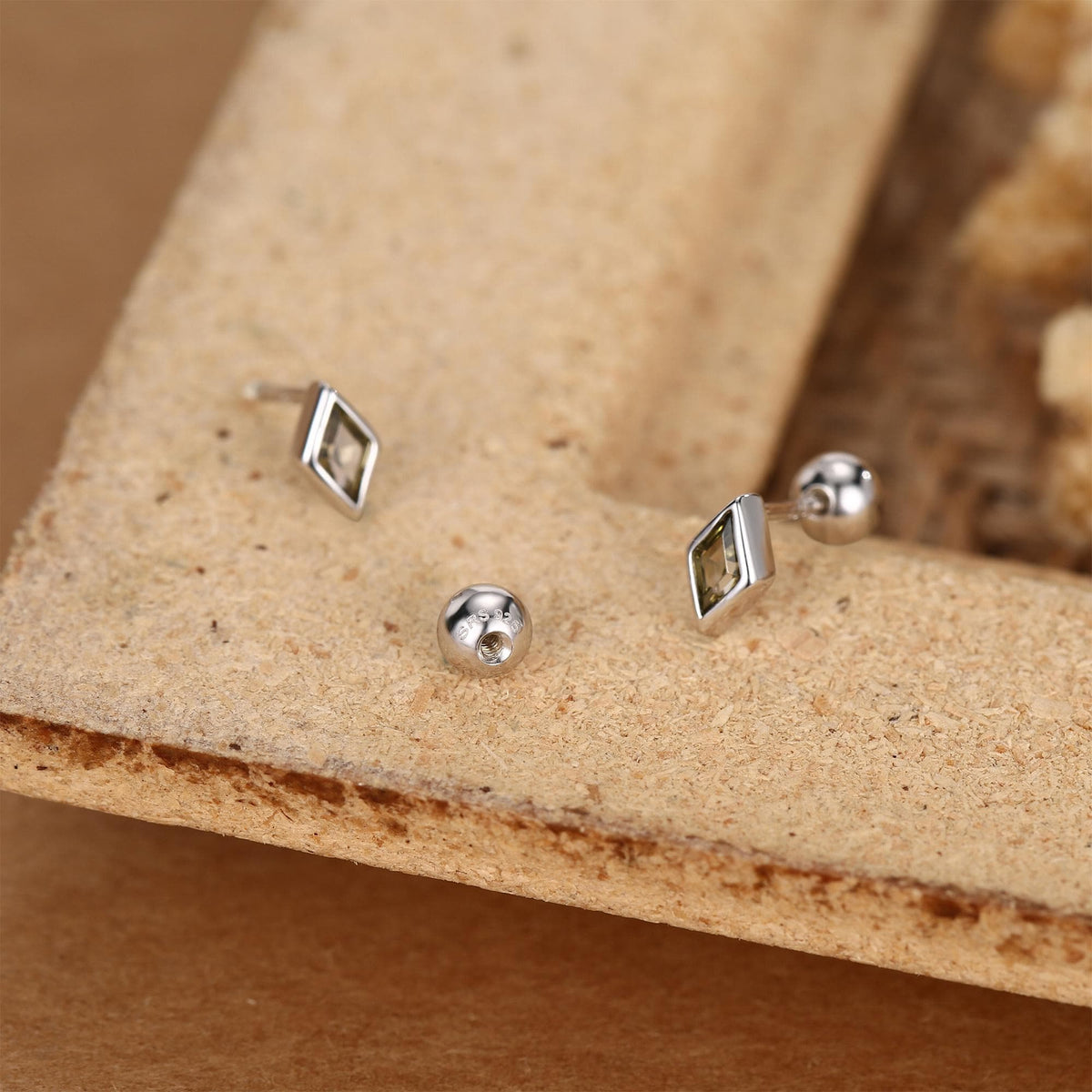 Sterling Silver Olive Green CZ 18G Screw Back Rhombus Stud Earrings
