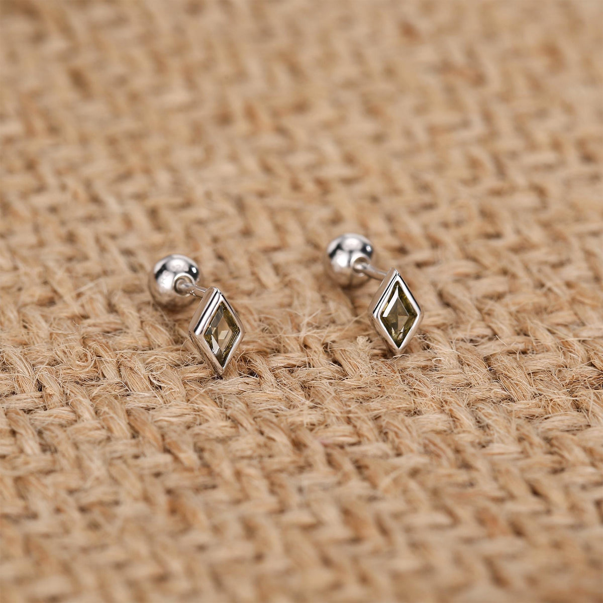 Sterling Silver Olive Green CZ 18G Screw Back Rhombus Stud Earrings