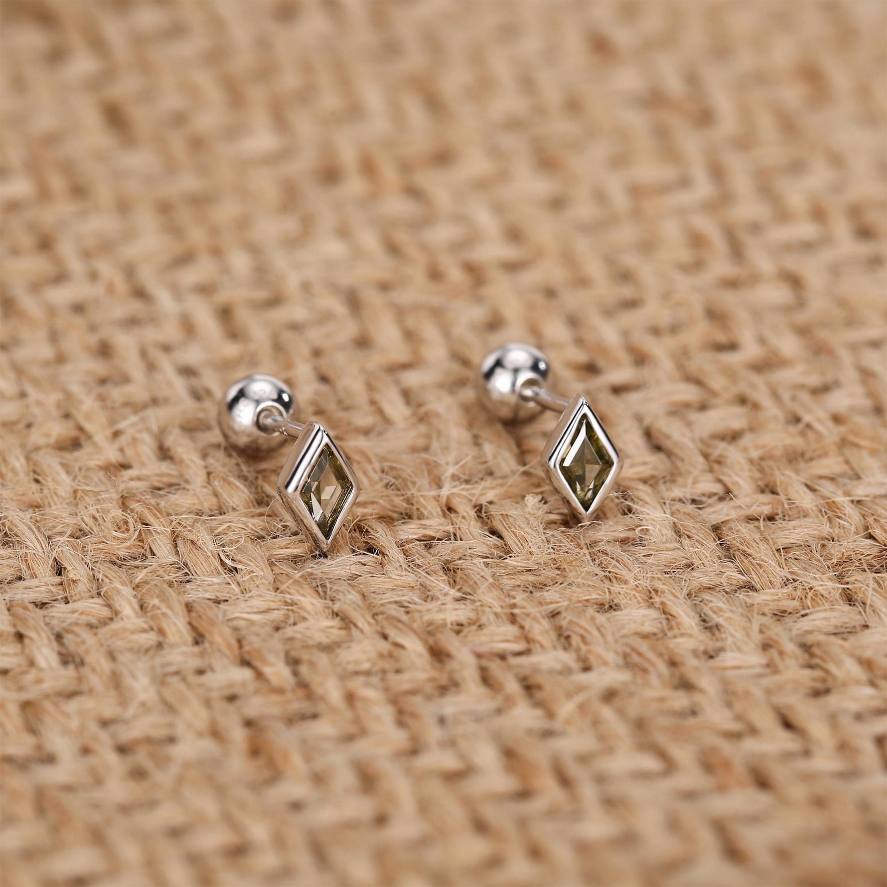 Sterling Silver Olive Green CZ 18G Screw Back Rhombus Stud Earrings