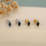 Sterling Silver Black CZ 18G Screw Back Rhombus Stud Earrings