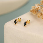 Sterling Silver Black CZ 18G Screw Back Rhombus Stud Earrings
