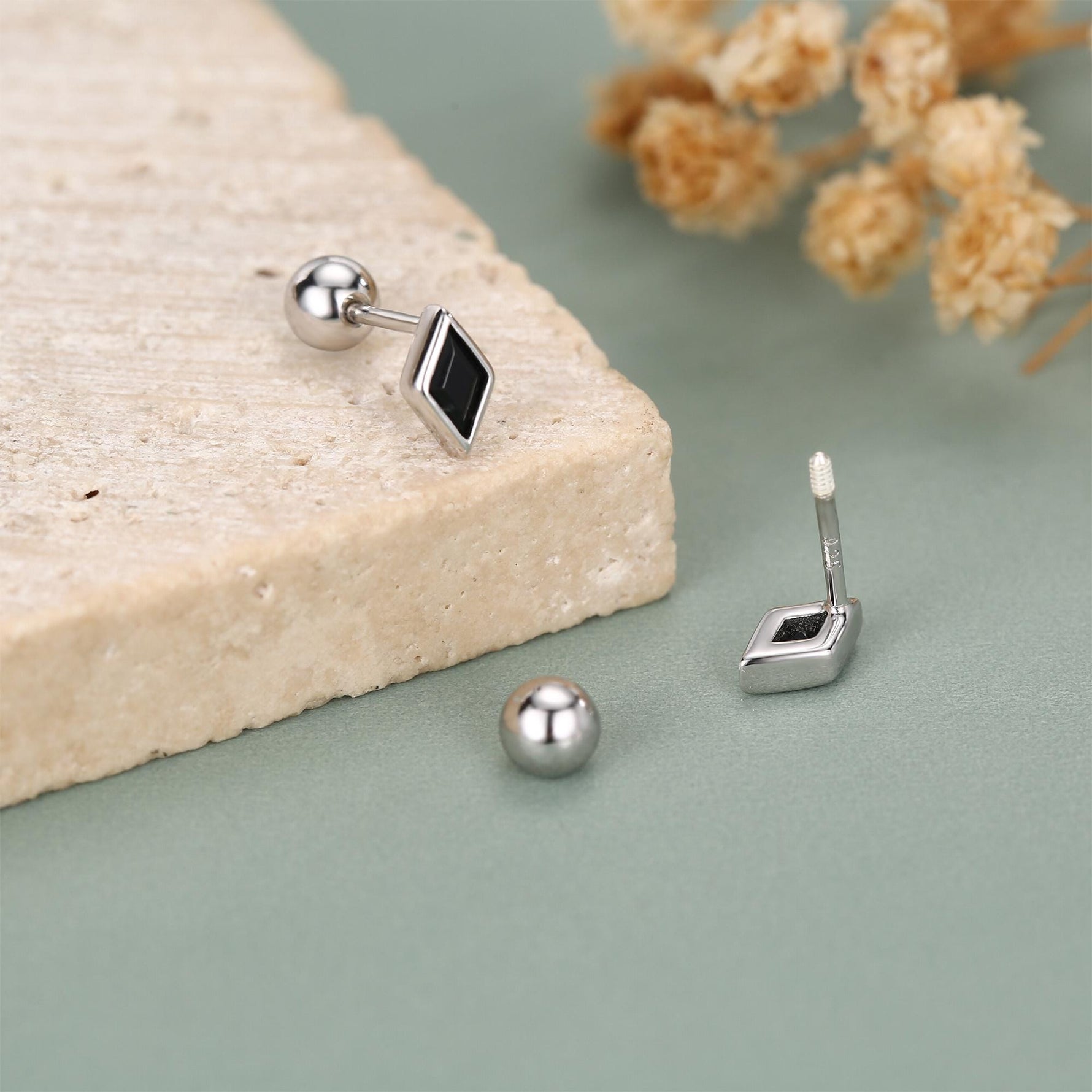 Sterling Silver Black CZ 18G Screw Back Rhombus Stud Earrings