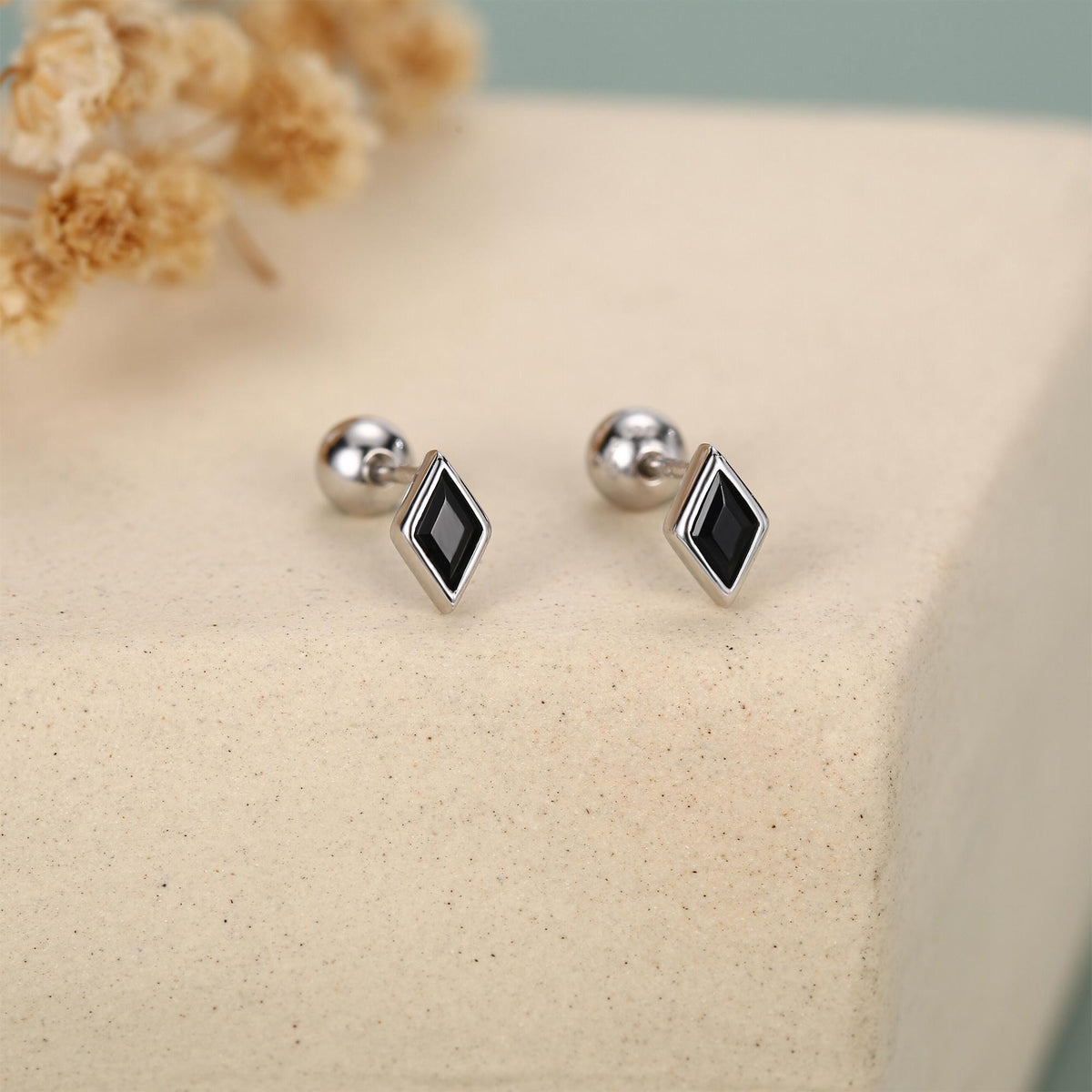 Sterling Silver Black CZ 18G Screw Back Rhombus Stud Earrings