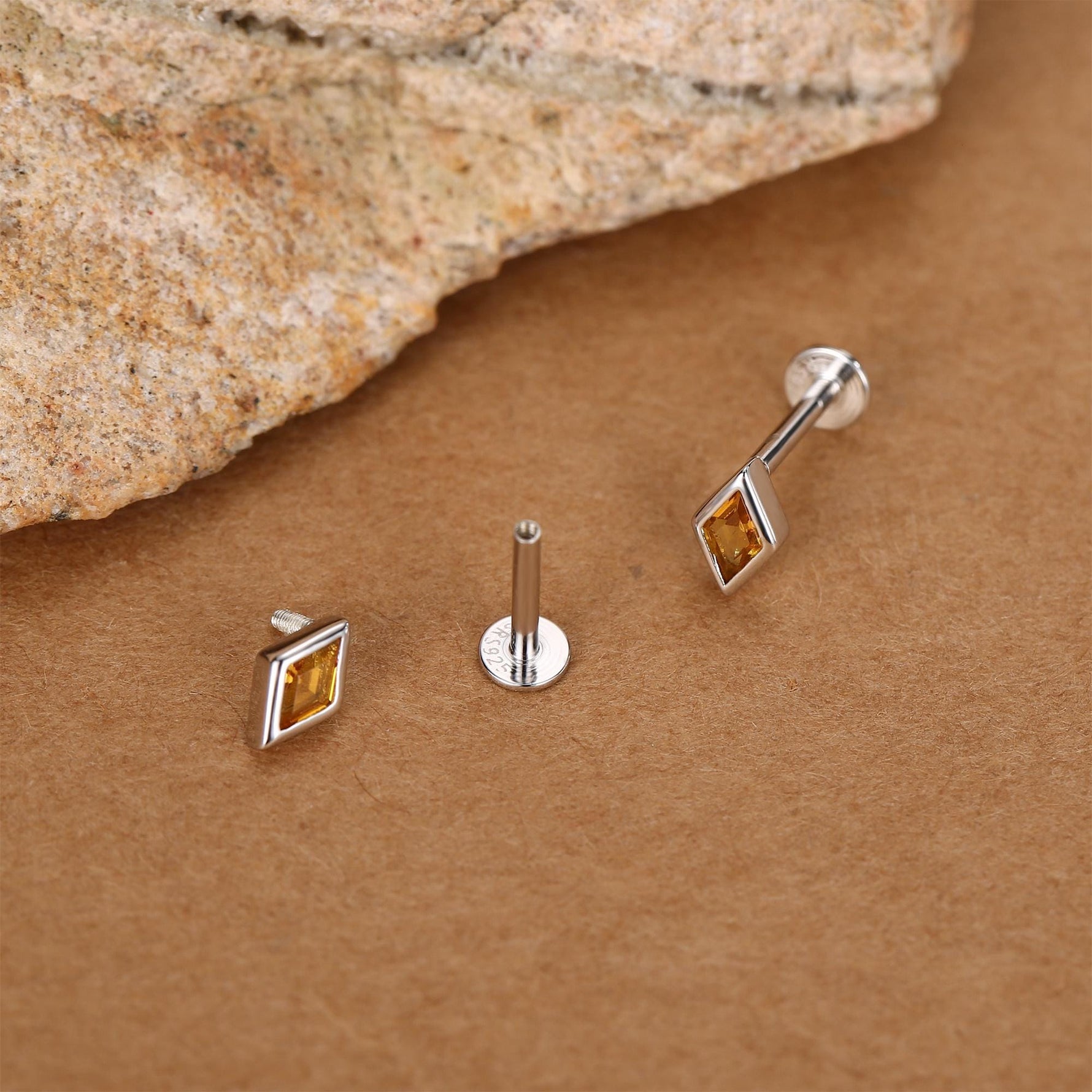 Sterling Silver Citrine CZ Rhombus 16G Flat Back Labret Earrings