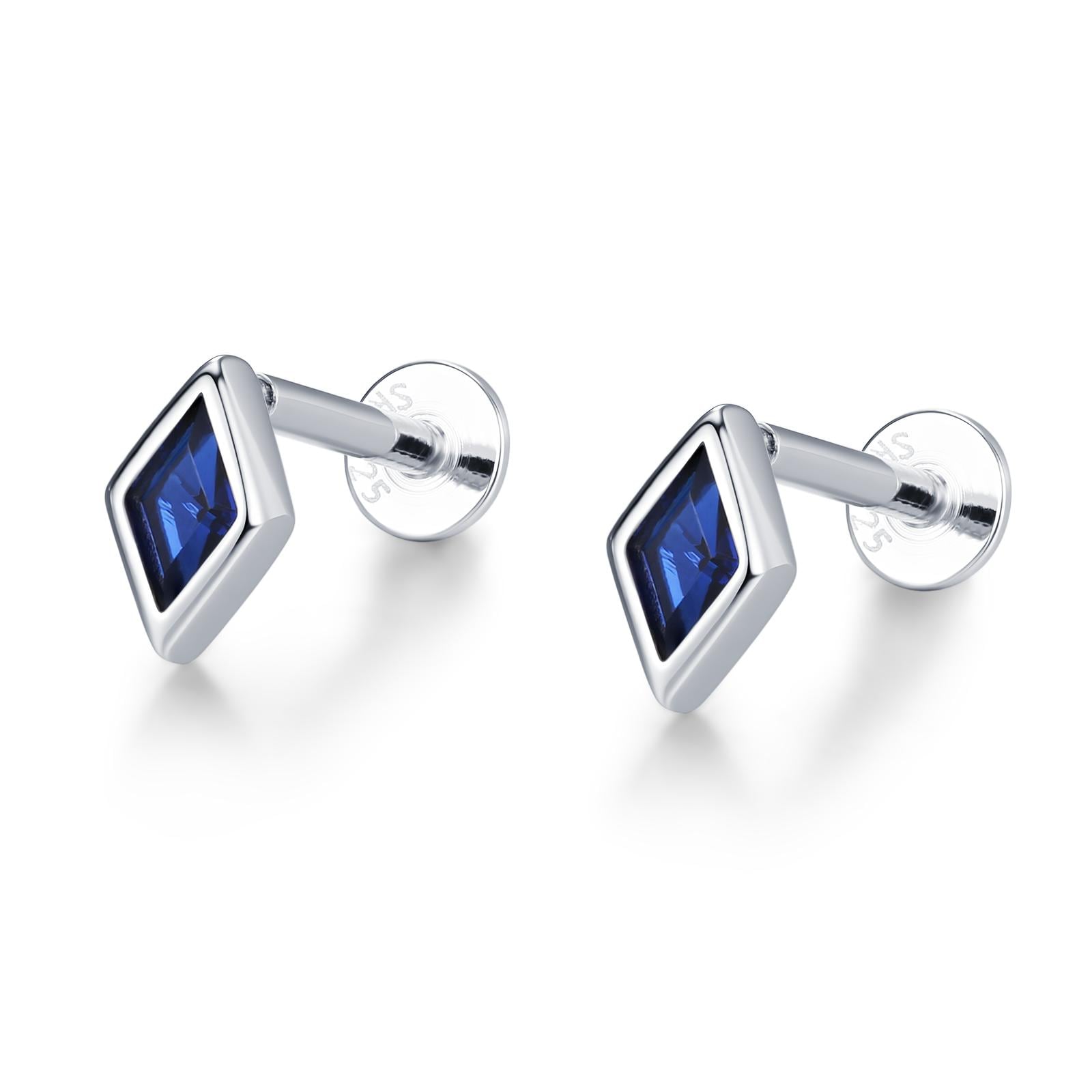 Sterling Silver Sapphire Blue CZ Rhombus 16G Flat Back Labret Earrings