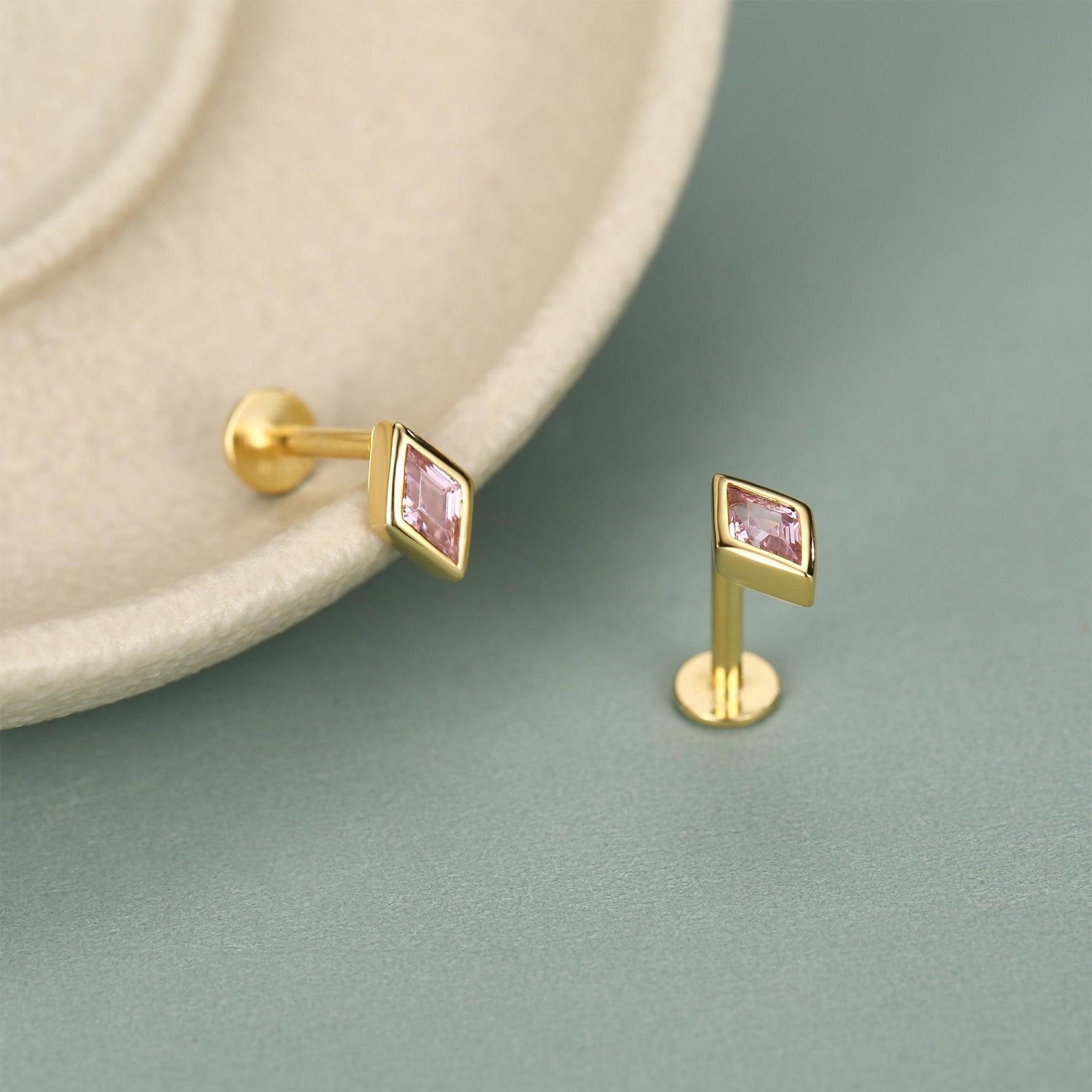 Sterling Silver Pink CZ Rhombus 16G Flat Back Labret Earrings