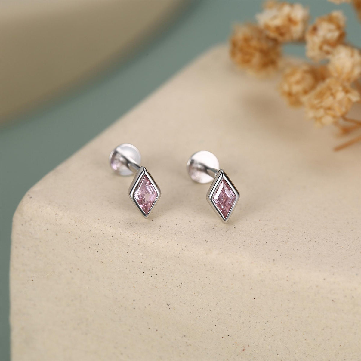 Sterling Silver Pink CZ Rhombus 16G Flat Back Labret Earrings