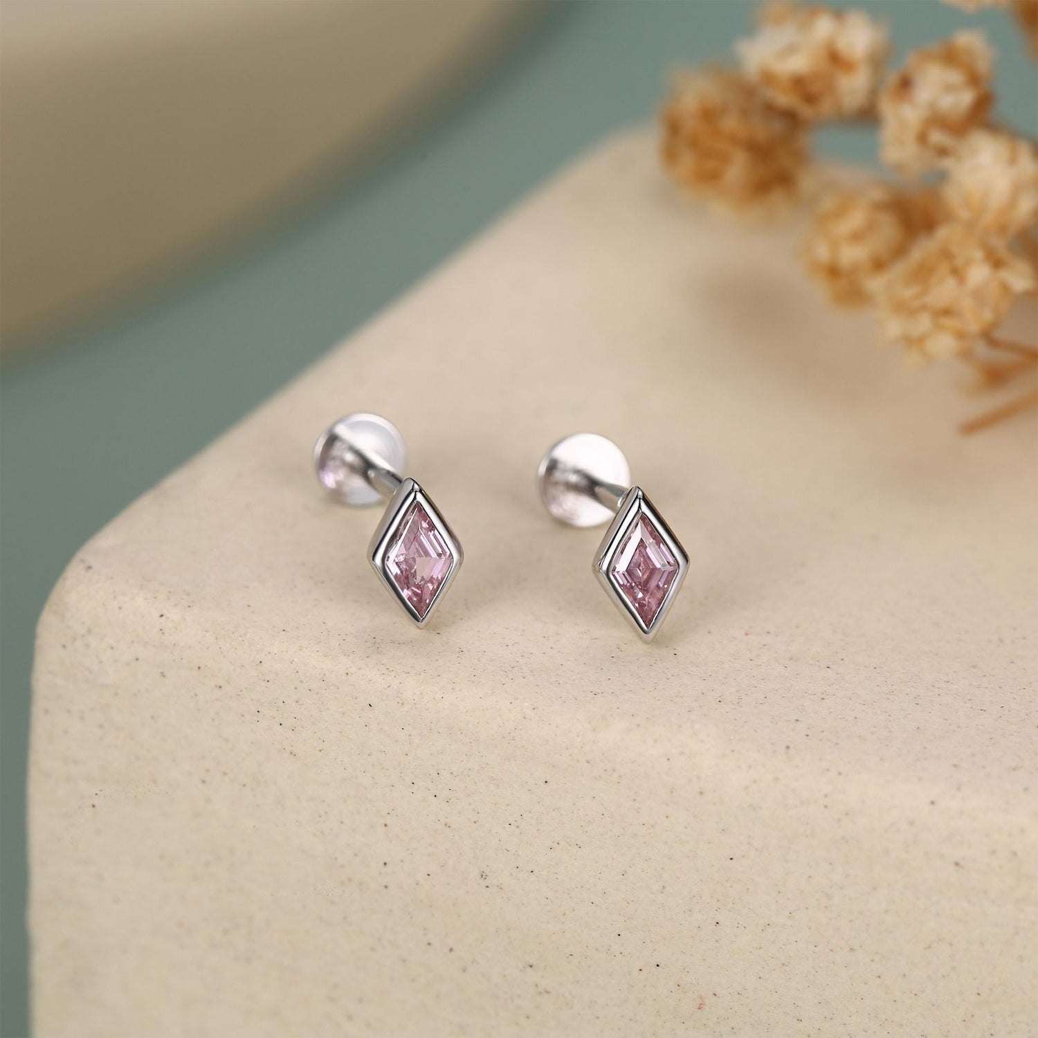 Sterling Silver Pink CZ Rhombus 16G Flat Back Labret Earrings