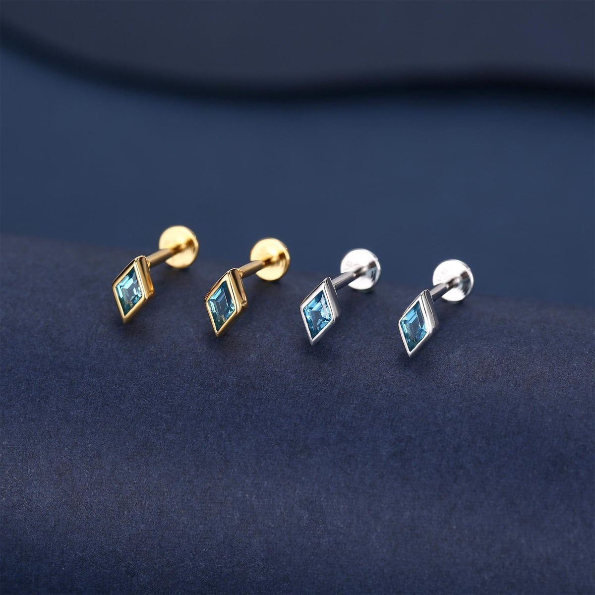 Sterling Silver Sky Blue CZ Rhombus 16G Flat Back Labret Earrings