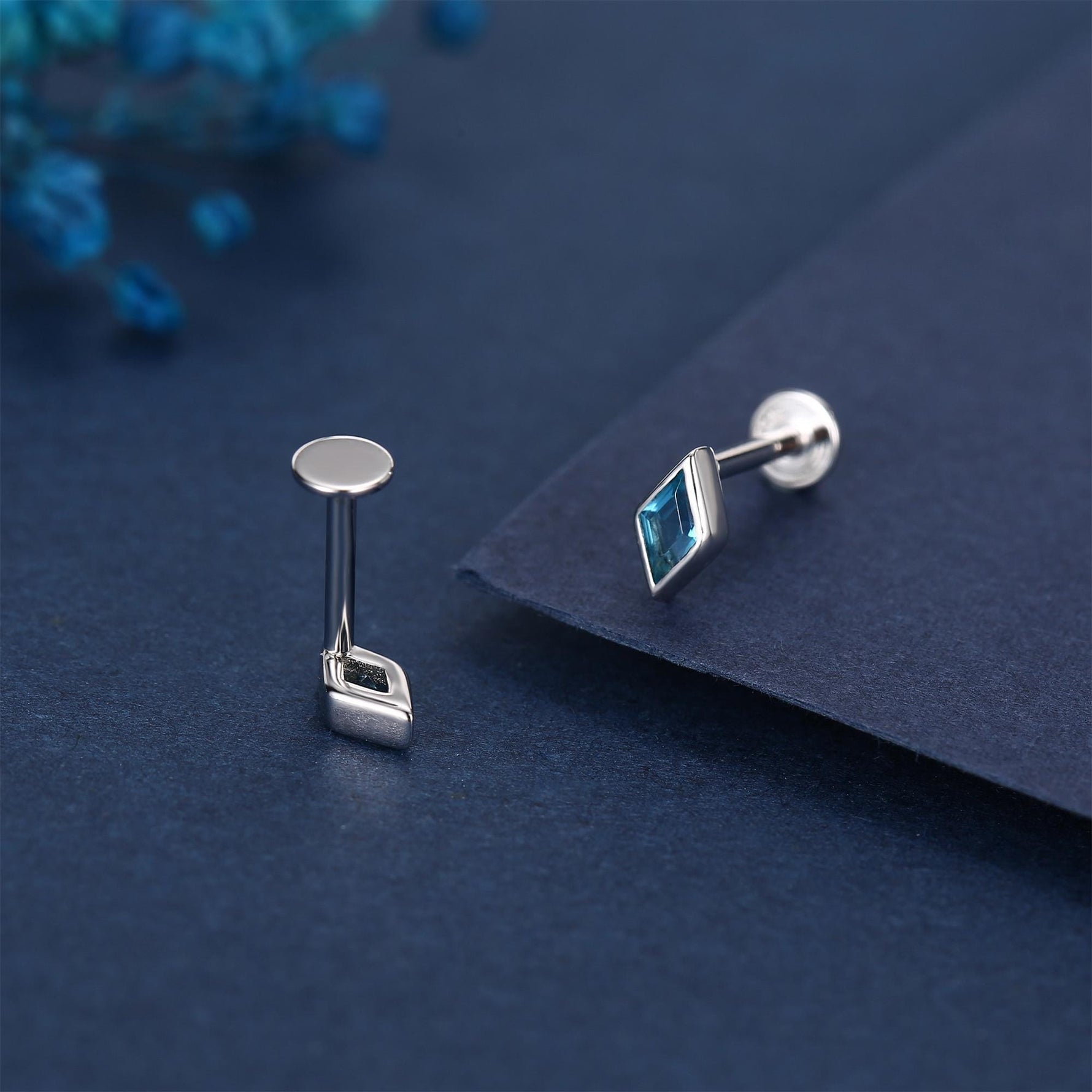 Sterling Silver Sky Blue CZ Rhombus 16G Flat Back Labret Earrings