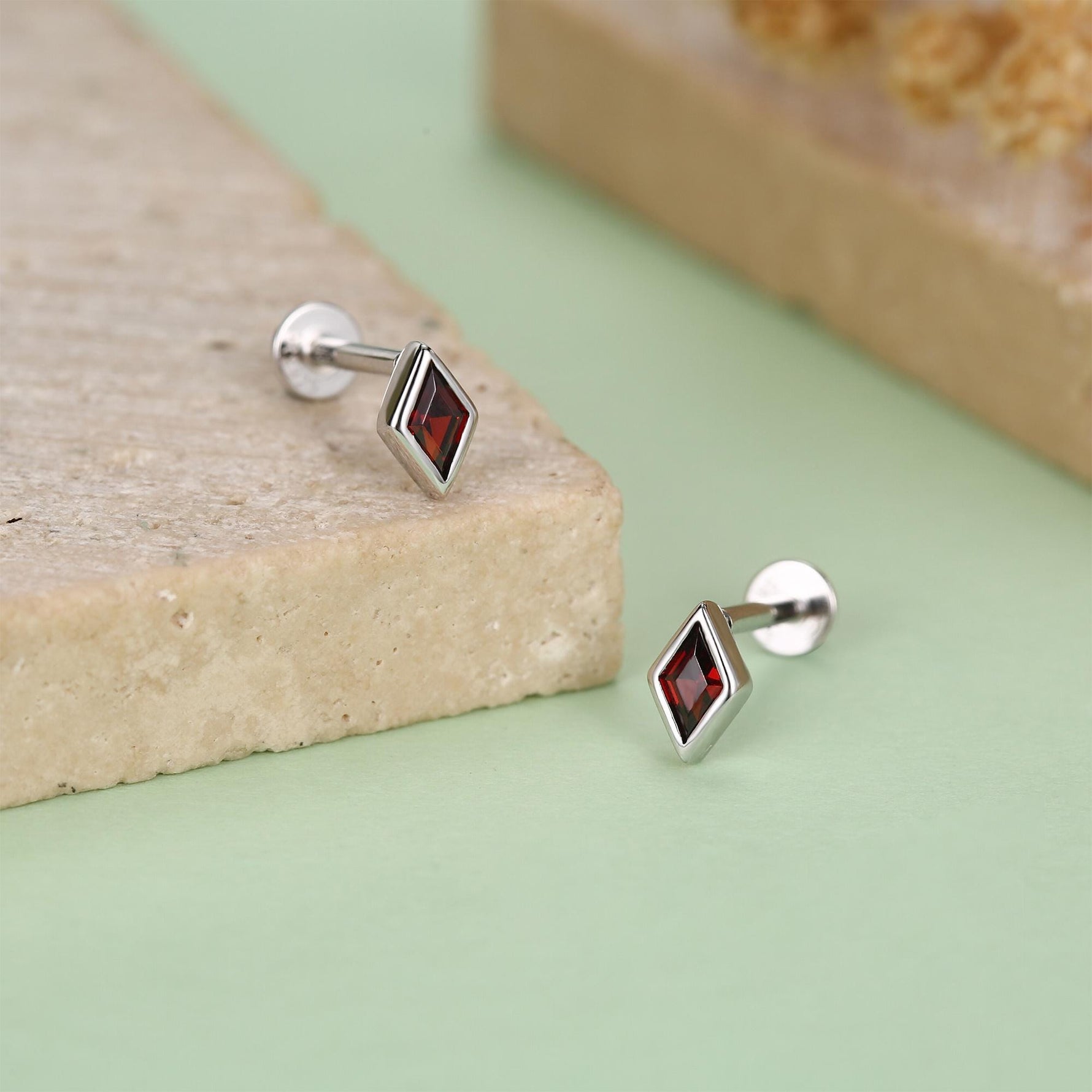 Sterling Silver Garnet Red CZ Rhombus 16G Flat Back Labret Earrings
