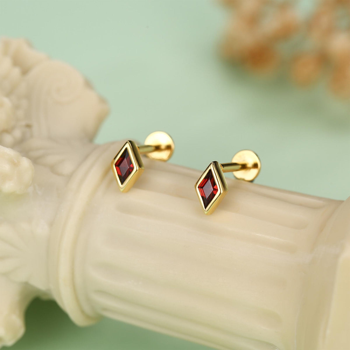 Sterling Silver Garnet Red CZ Rhombus 16G Flat Back Labret Earrings