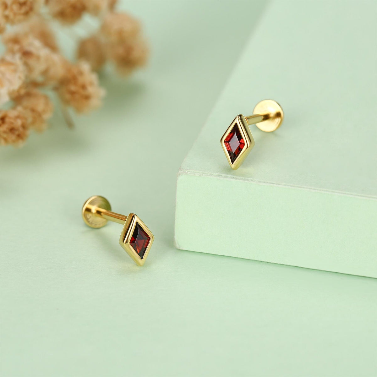 Sterling Silver Garnet Red CZ Rhombus 16G Flat Back Labret Earrings