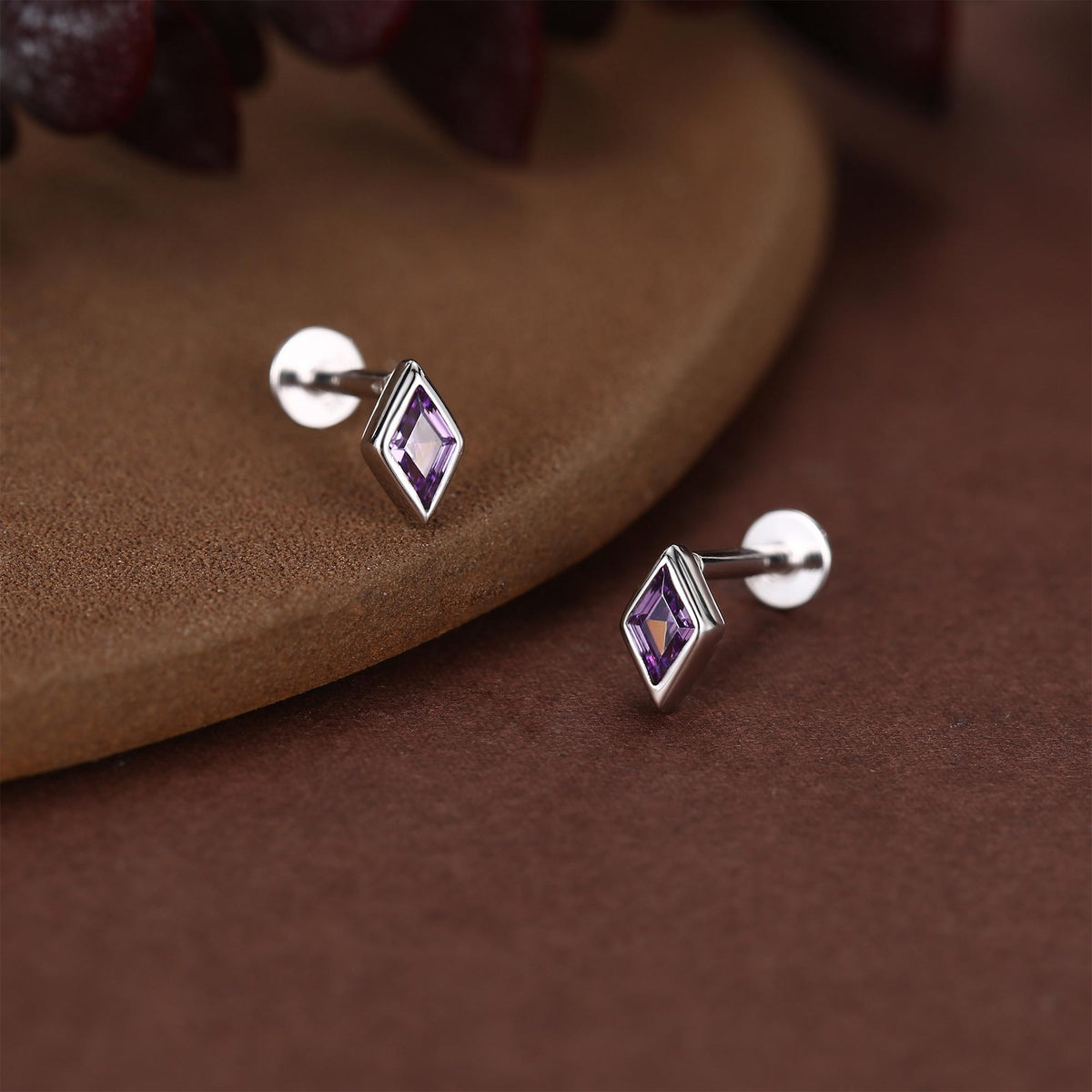 Sterling Silver Amethyst Purple CZ Rhombus 16G Flat Back Labret Earrings