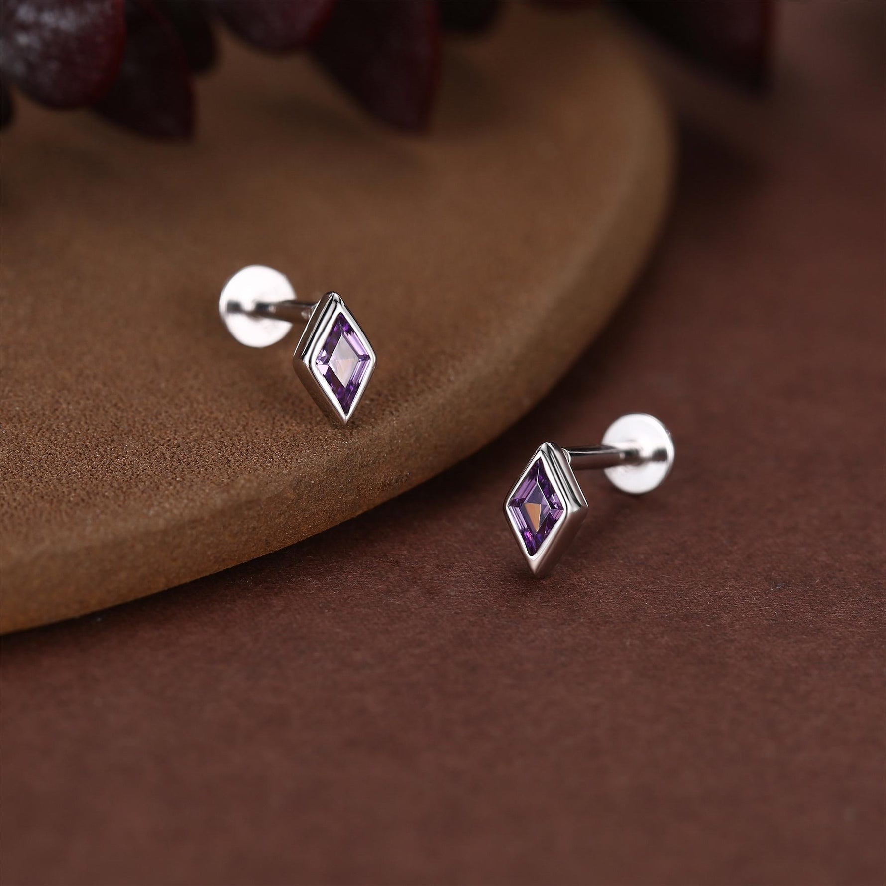 Sterling Silver Amethyst Purple CZ Rhombus 16G Flat Back Labret Earrings