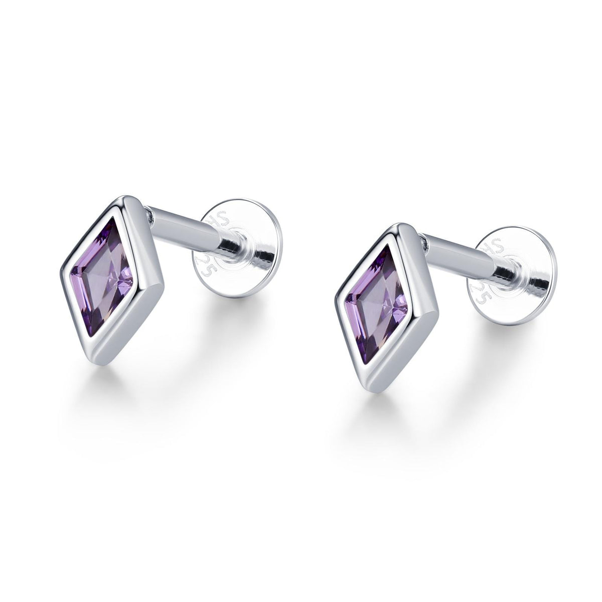 Sterling Silver Amethyst Purple CZ Rhombus 16G Flat Back Labret Earrings