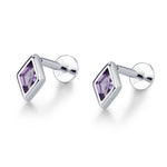 Sterling Silver Amethyst Purple CZ Rhombus 16G Flat Back Labret Earrings