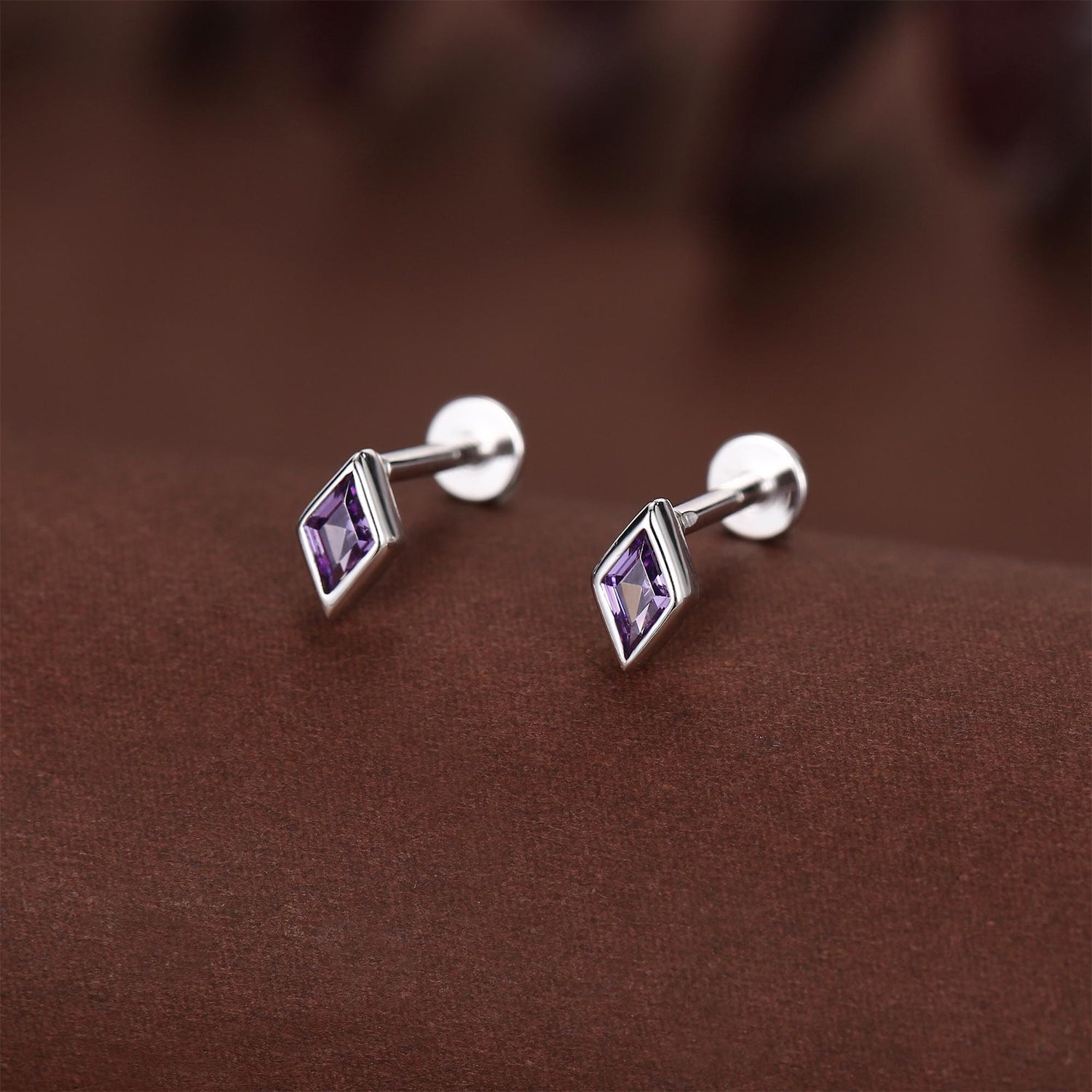 Sterling Silver Amethyst Purple CZ Rhombus 16G Flat Back Labret Earrings