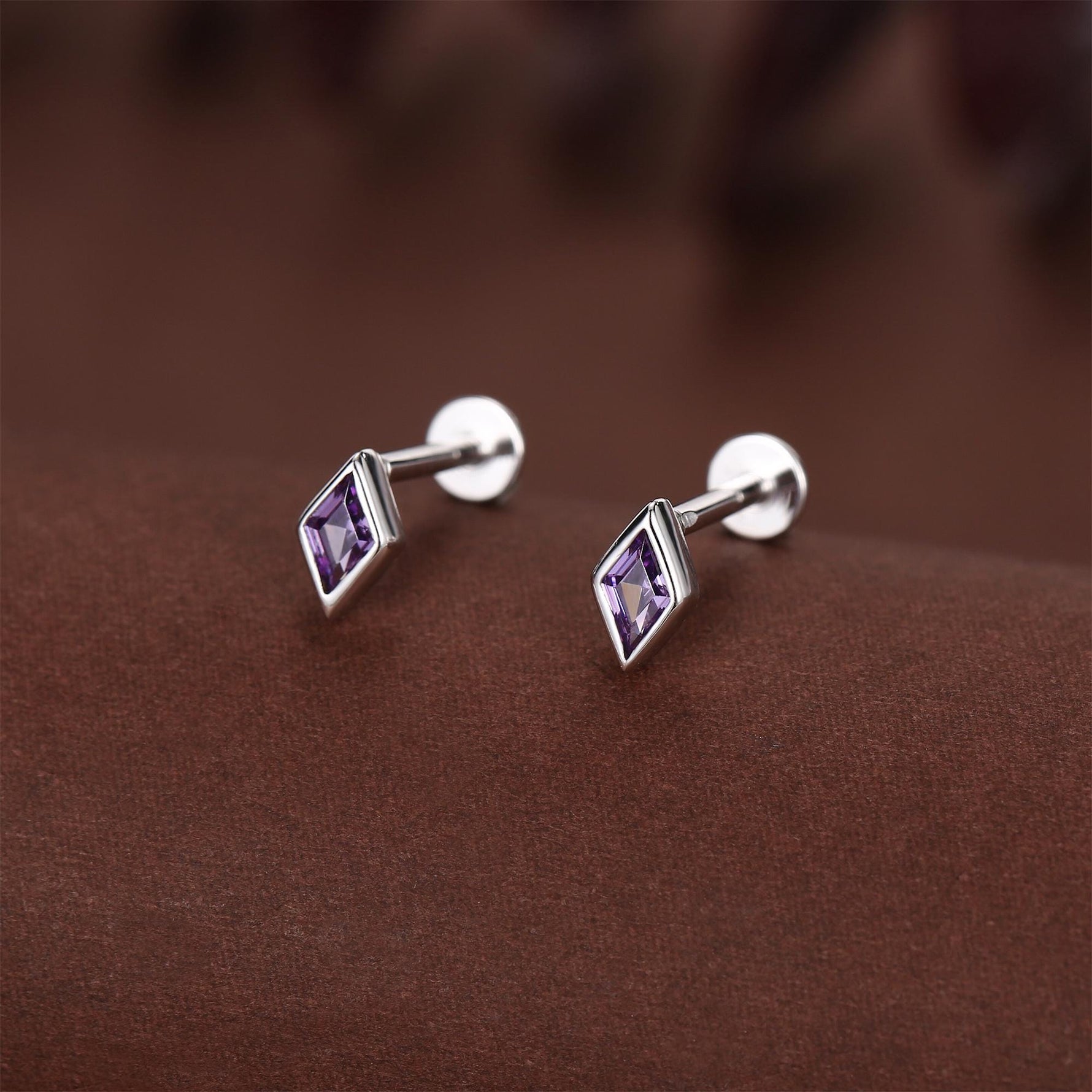 Sterling Silver Amethyst Purple CZ Rhombus 16G Flat Back Labret Earrings