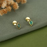 Sterling Silver Emerald Green CZ Rhombus 16G Flat Back Labret Earrings