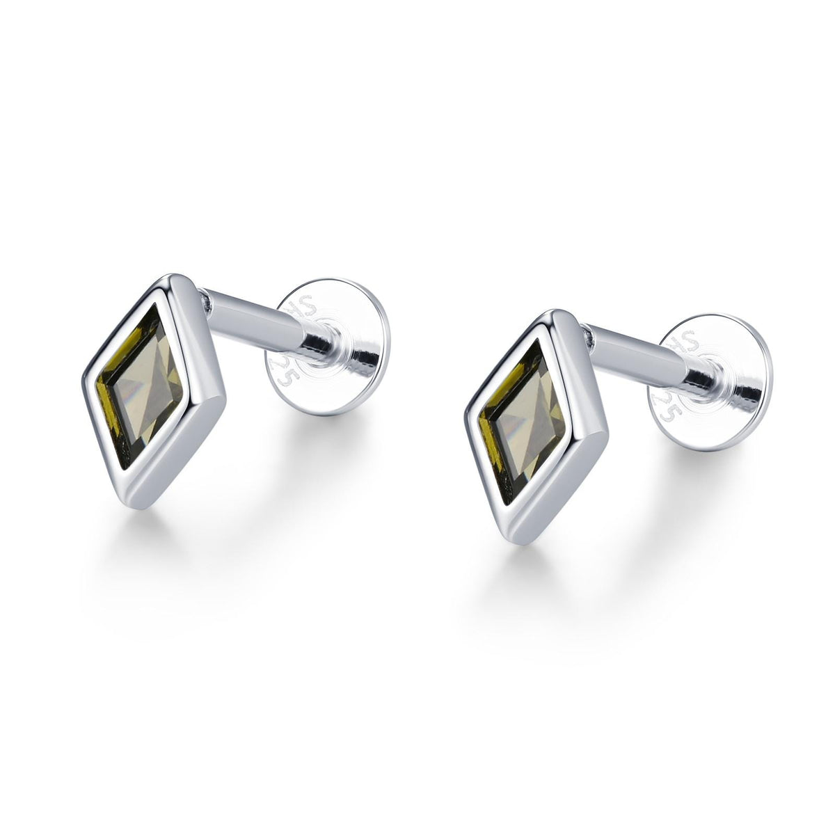 Sterling Silver Olive Green CZ Rhombus 16G Flat Back Labret Earrings
