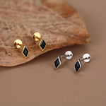 Sterling Silver Black CZ Rhombus 16G Flat Back Labret Earrings