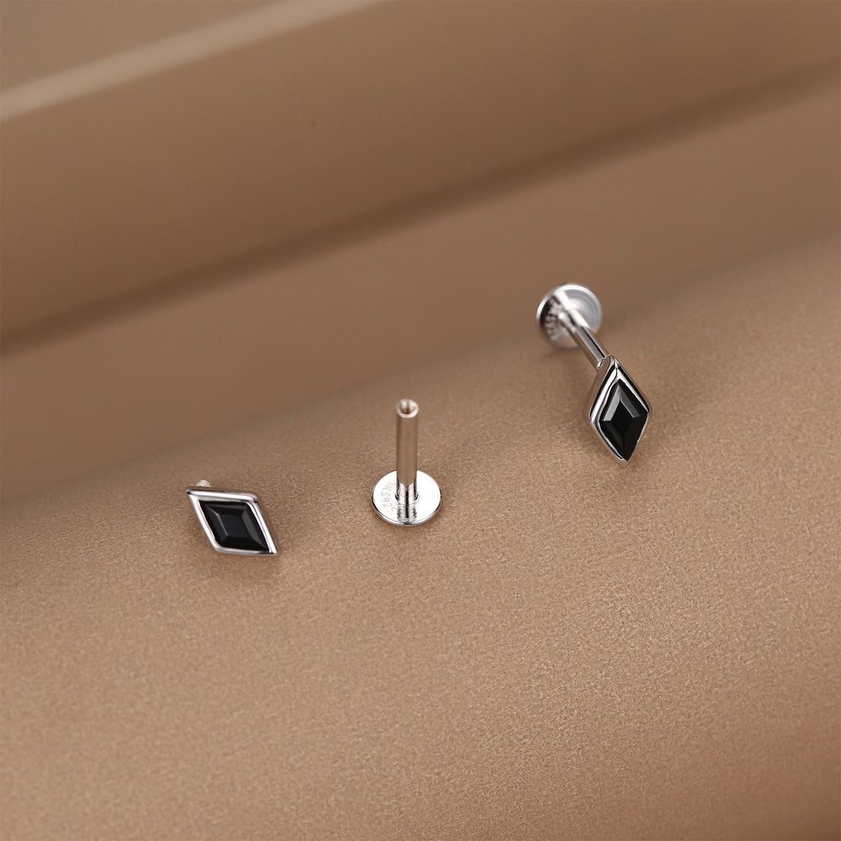 Sterling Silver Black CZ Rhombus 16G Flat Back Labret Earrings
