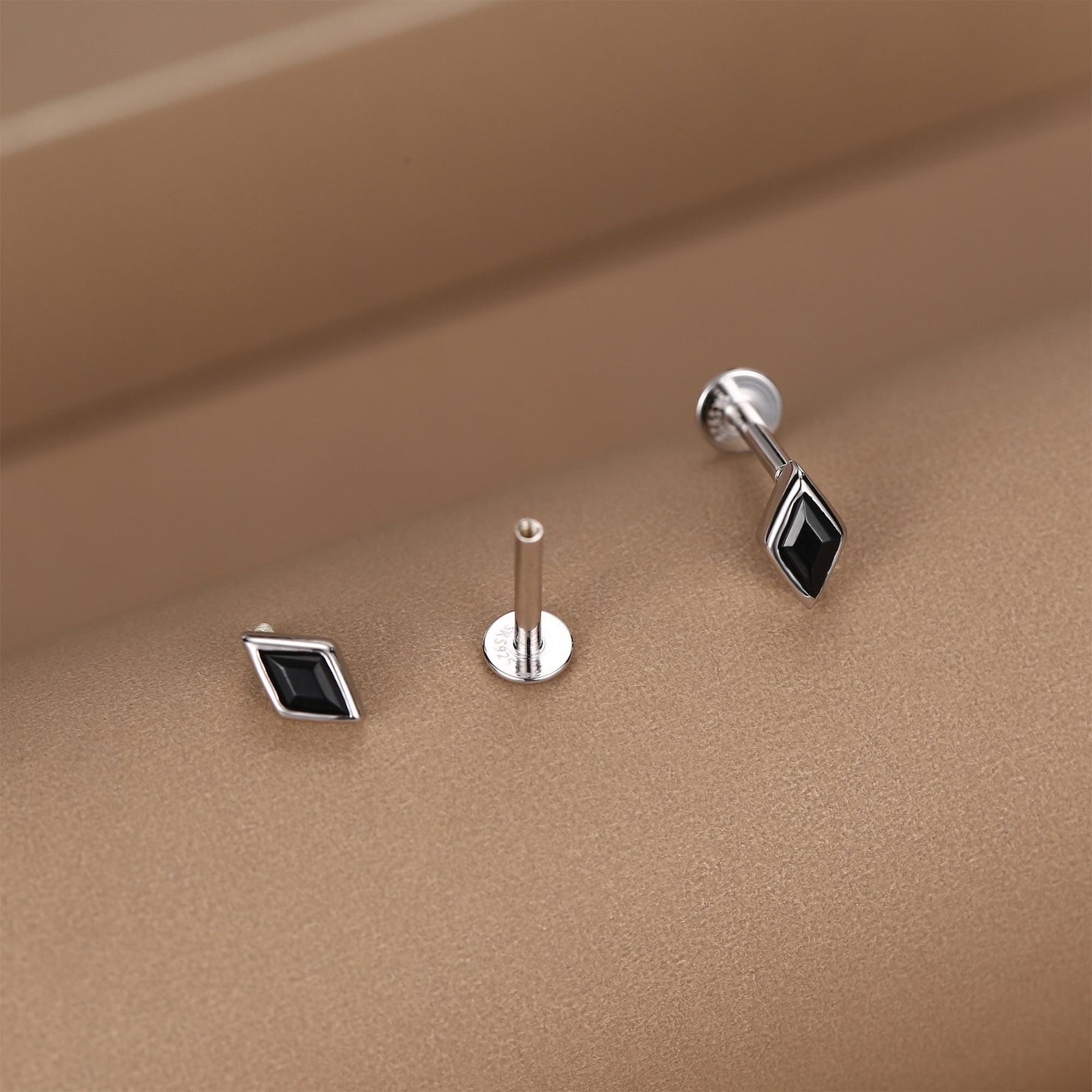Sterling Silver Black CZ Rhombus 16G Flat Back Labret Earrings