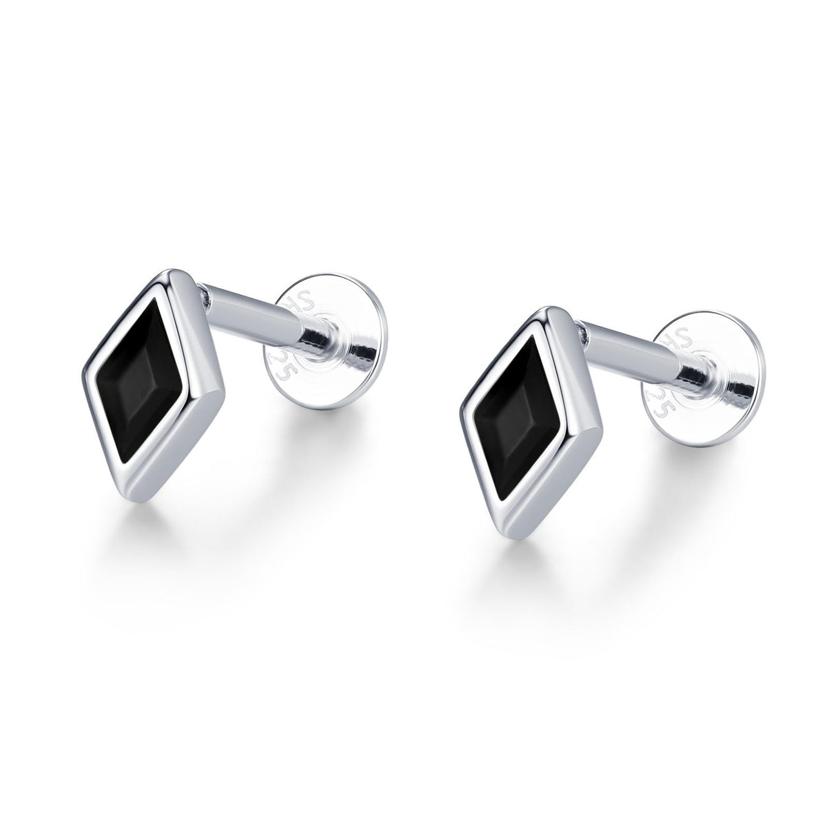 Sterling Silver Black CZ Rhombus 16G Flat Back Labret Earrings