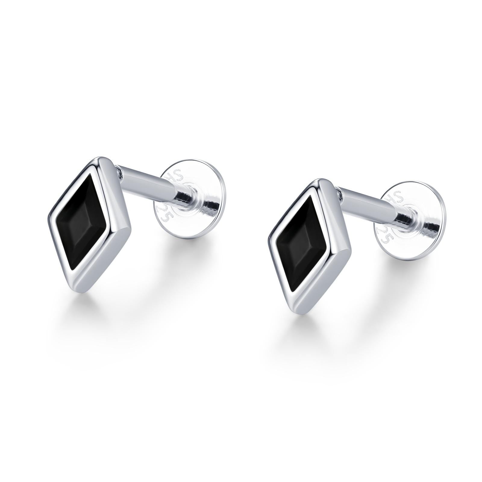 Sterling Silver Black CZ Rhombus 16G Flat Back Labret Earrings