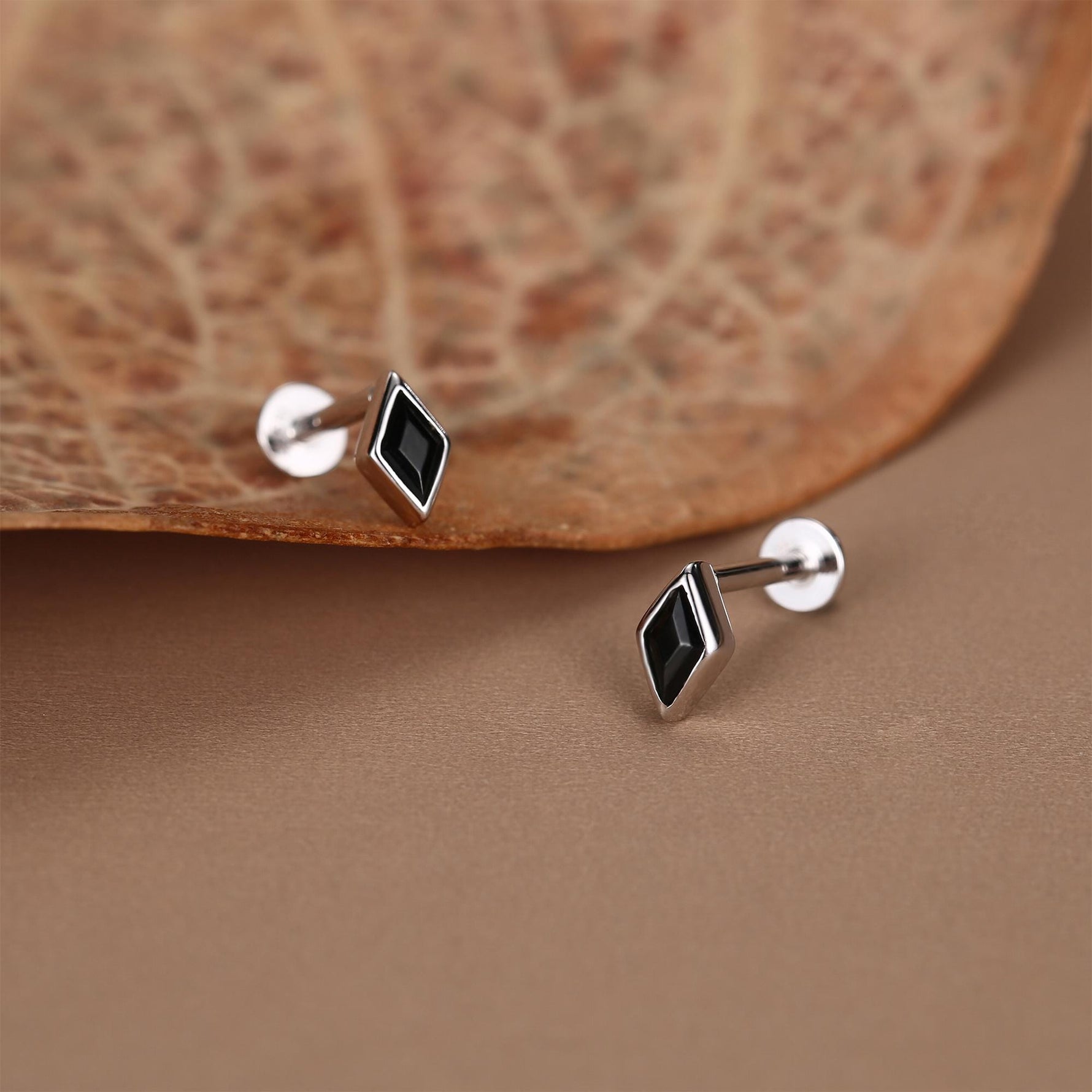 Sterling Silver Black CZ Rhombus 16G Flat Back Labret Earrings