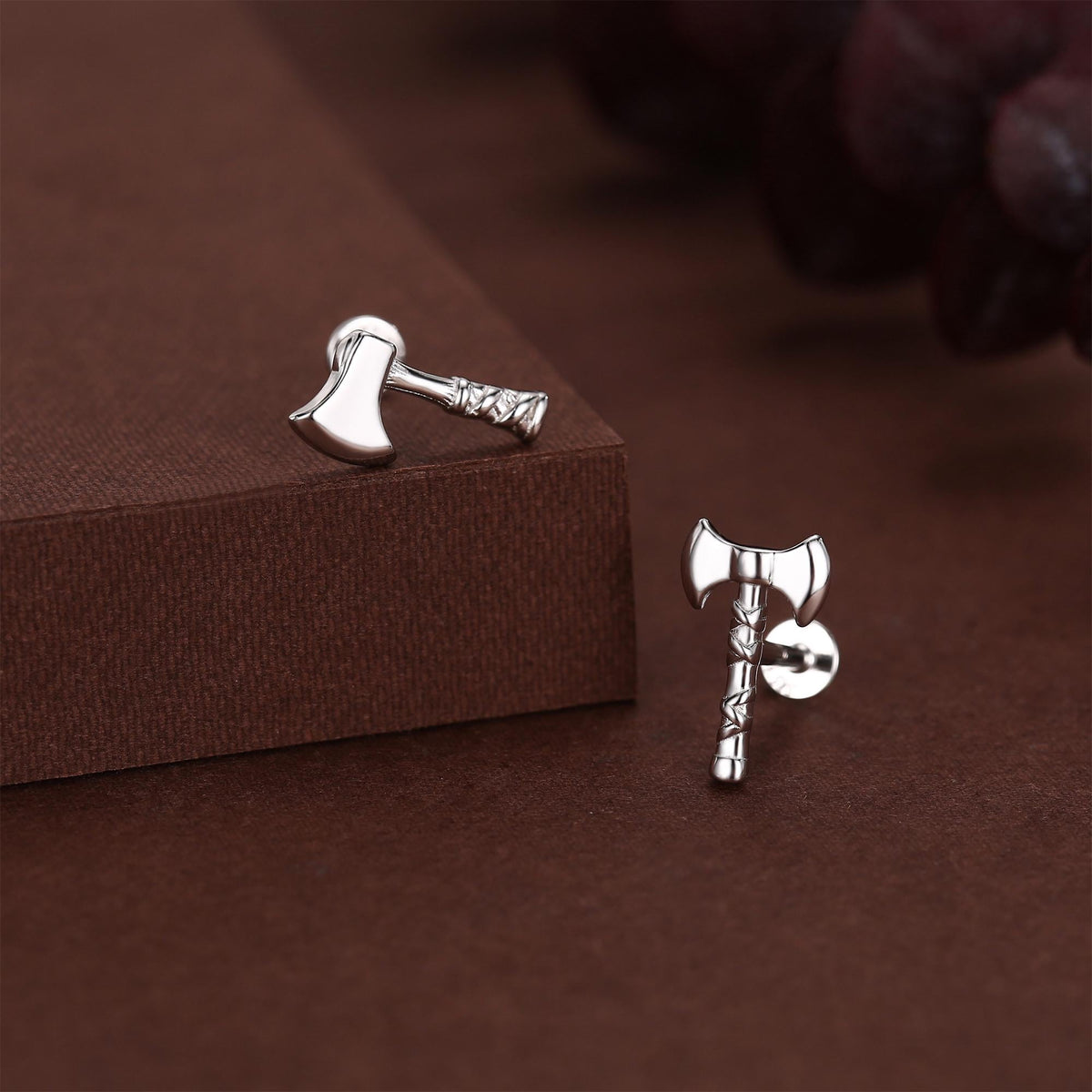 Sterling Silver Viking Axe Mismatched 16G Flat Back Labret Earrings