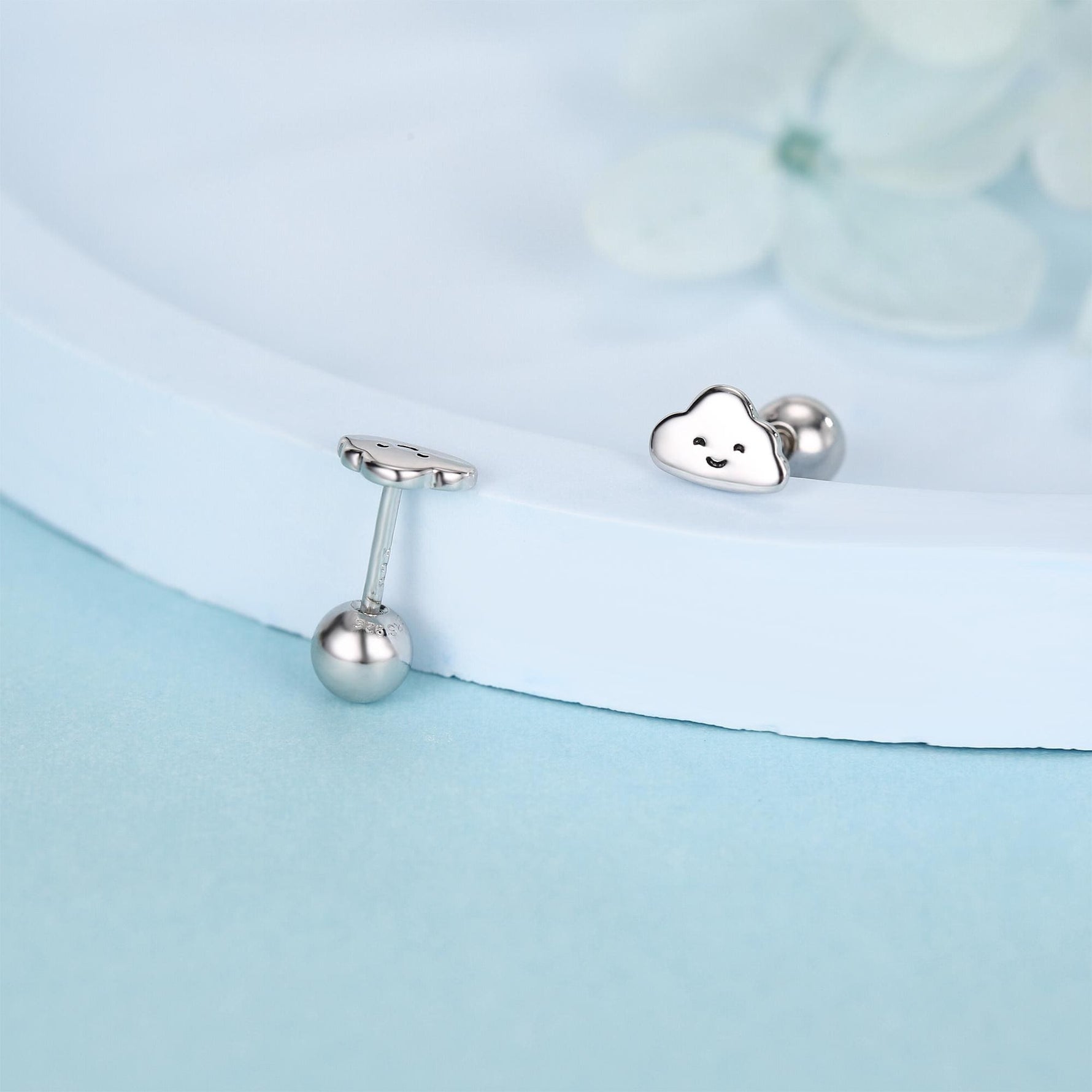 Sterling Silver Smiling Cloud 18G Screw Back Stud Earrings