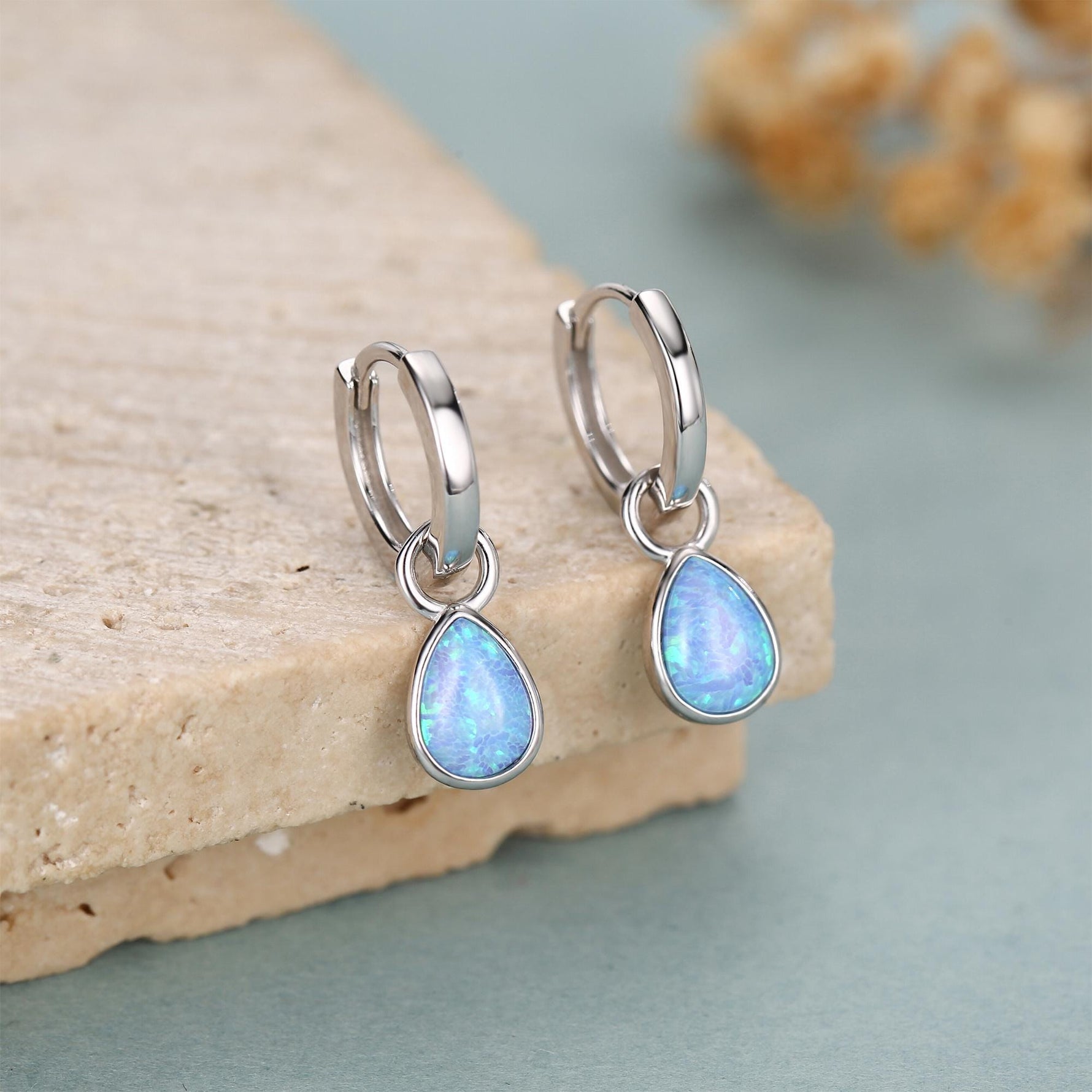 Sterling Silver Blue Opal Teardrop Huggie Hoop Earrings