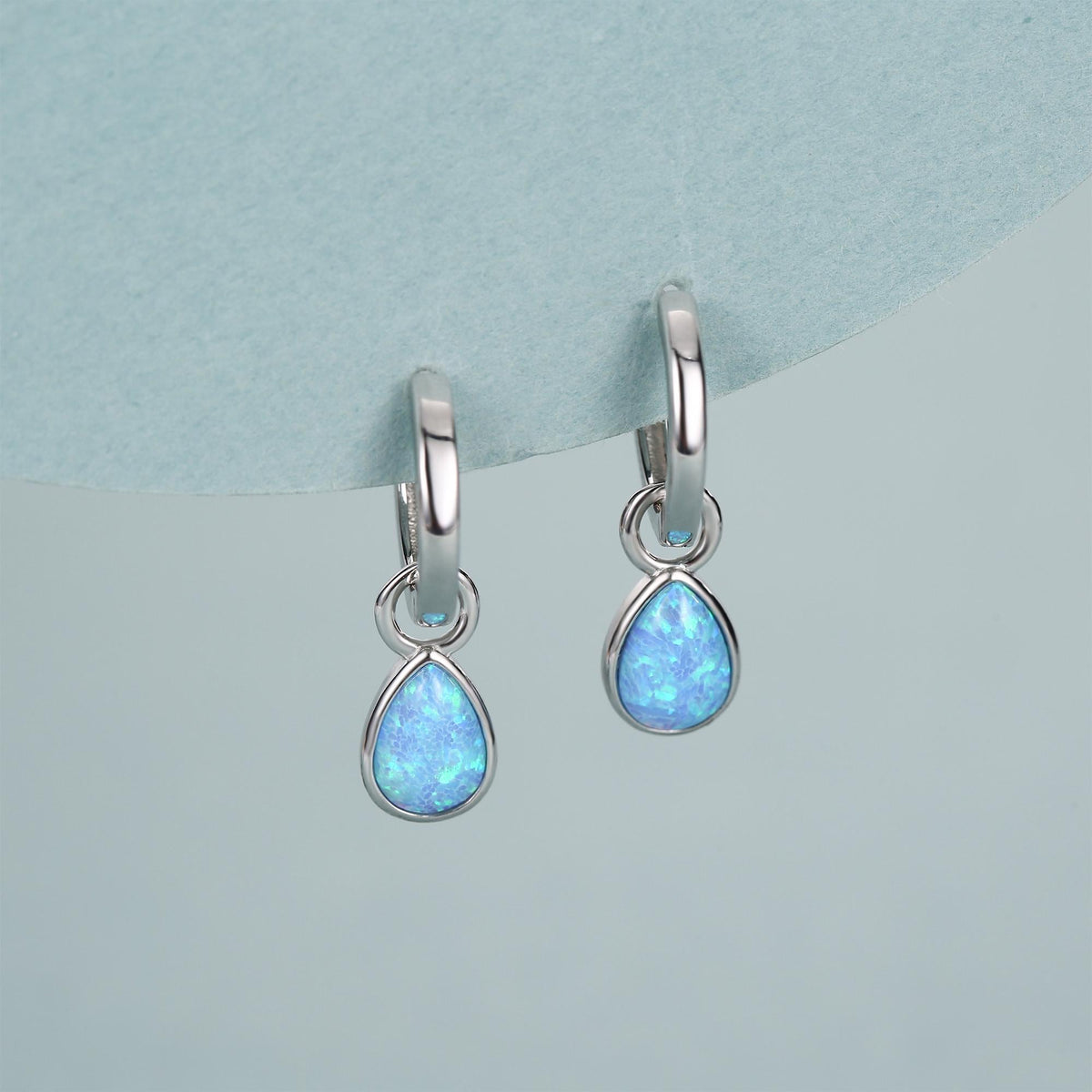 Sterling Silver Blue Opal Teardrop Huggie Hoop Earrings