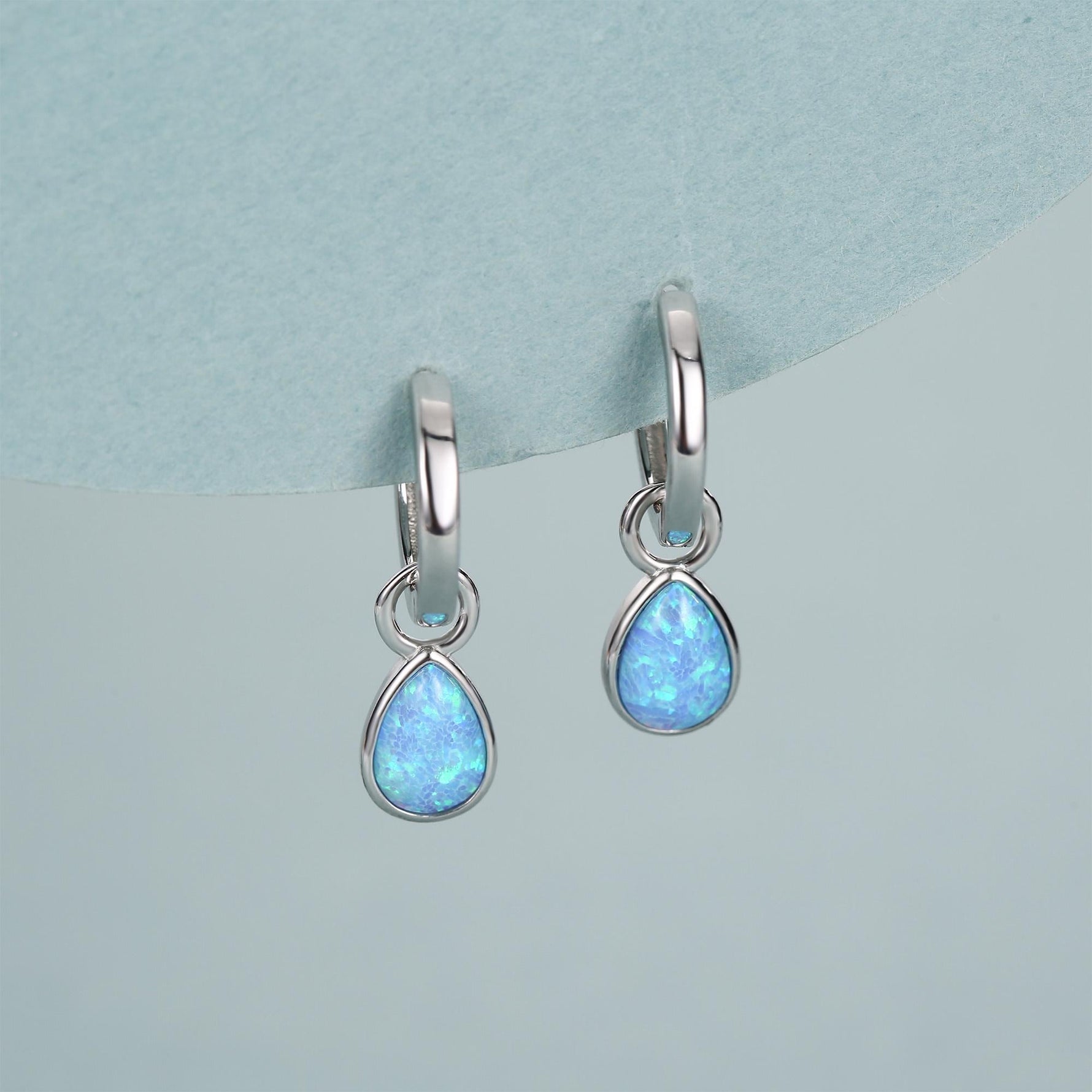 Sterling Silver Blue Opal Teardrop Huggie Hoop Earrings